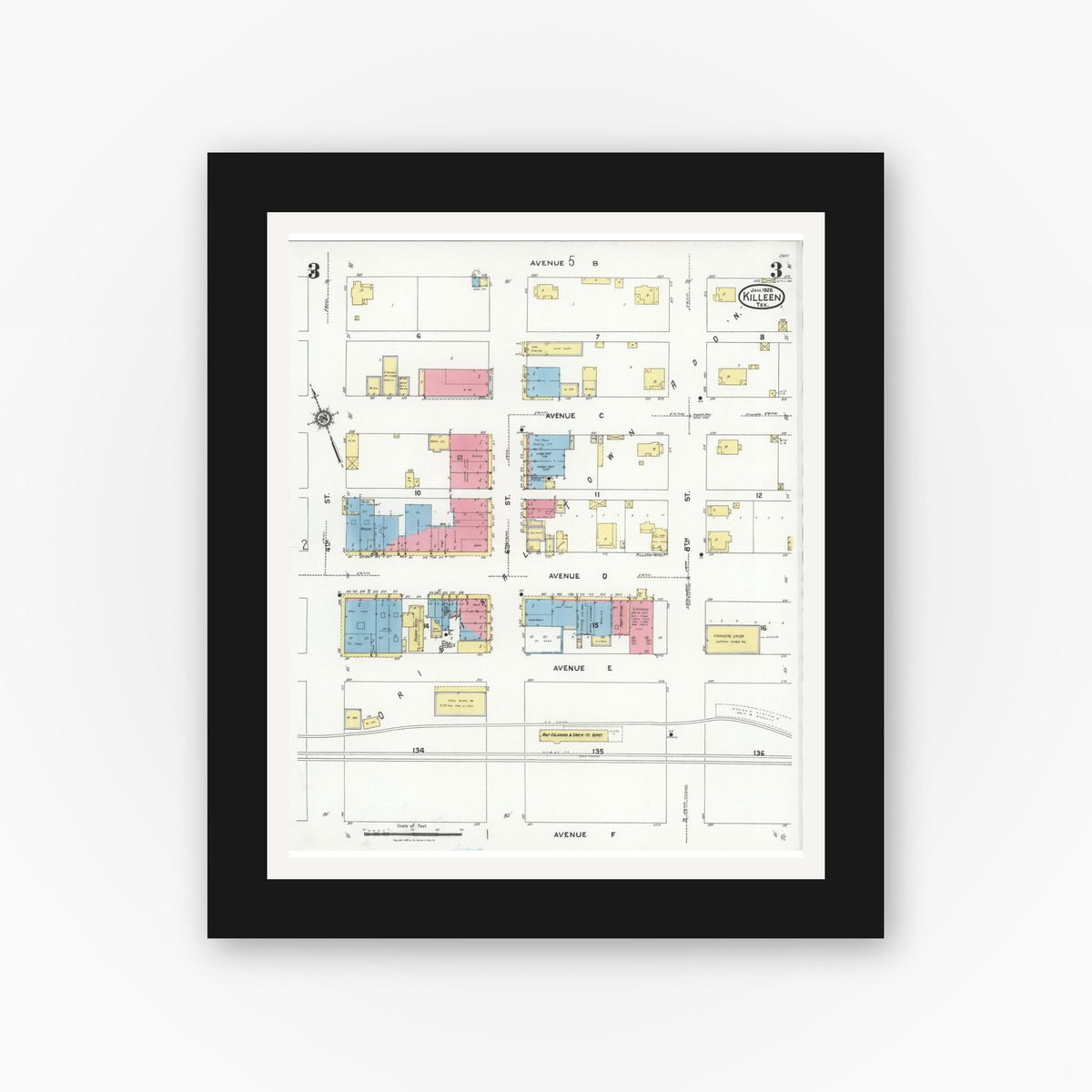 Old map wall art mockup — black gallery frame with white mat — Sanborn Fire Insurance Map from Killeen, Bell County, Texas (1926), Sheet #0003