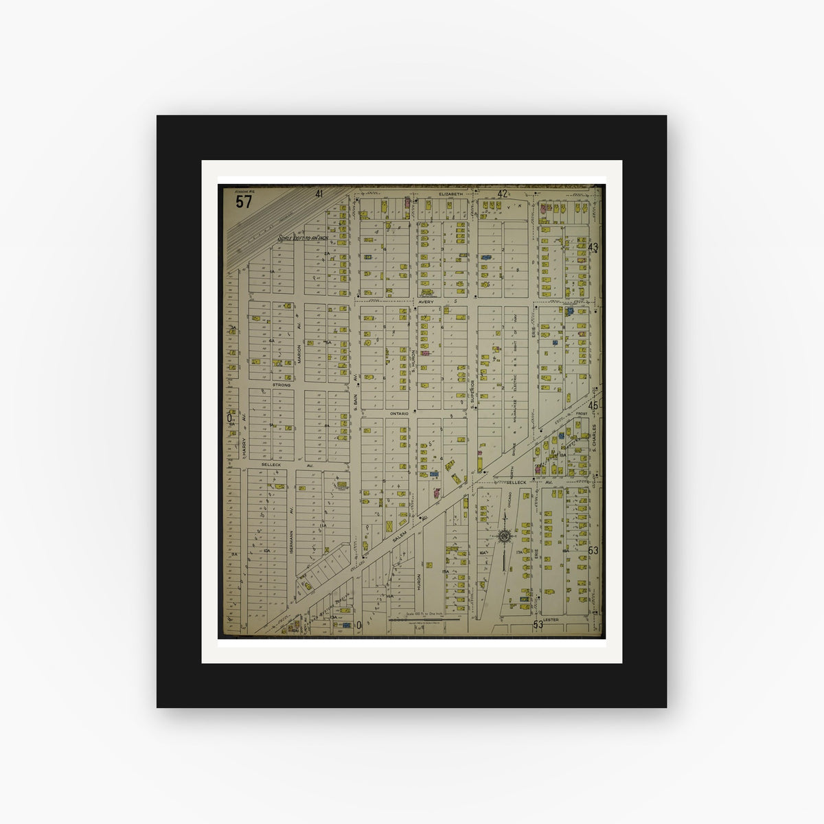 Old map wall art mockup — black gallery frame with white mat — Sanborn Fire Insurance Map from Kenosha, Kenosha County, Wisconsin. (1918), Sheet 61