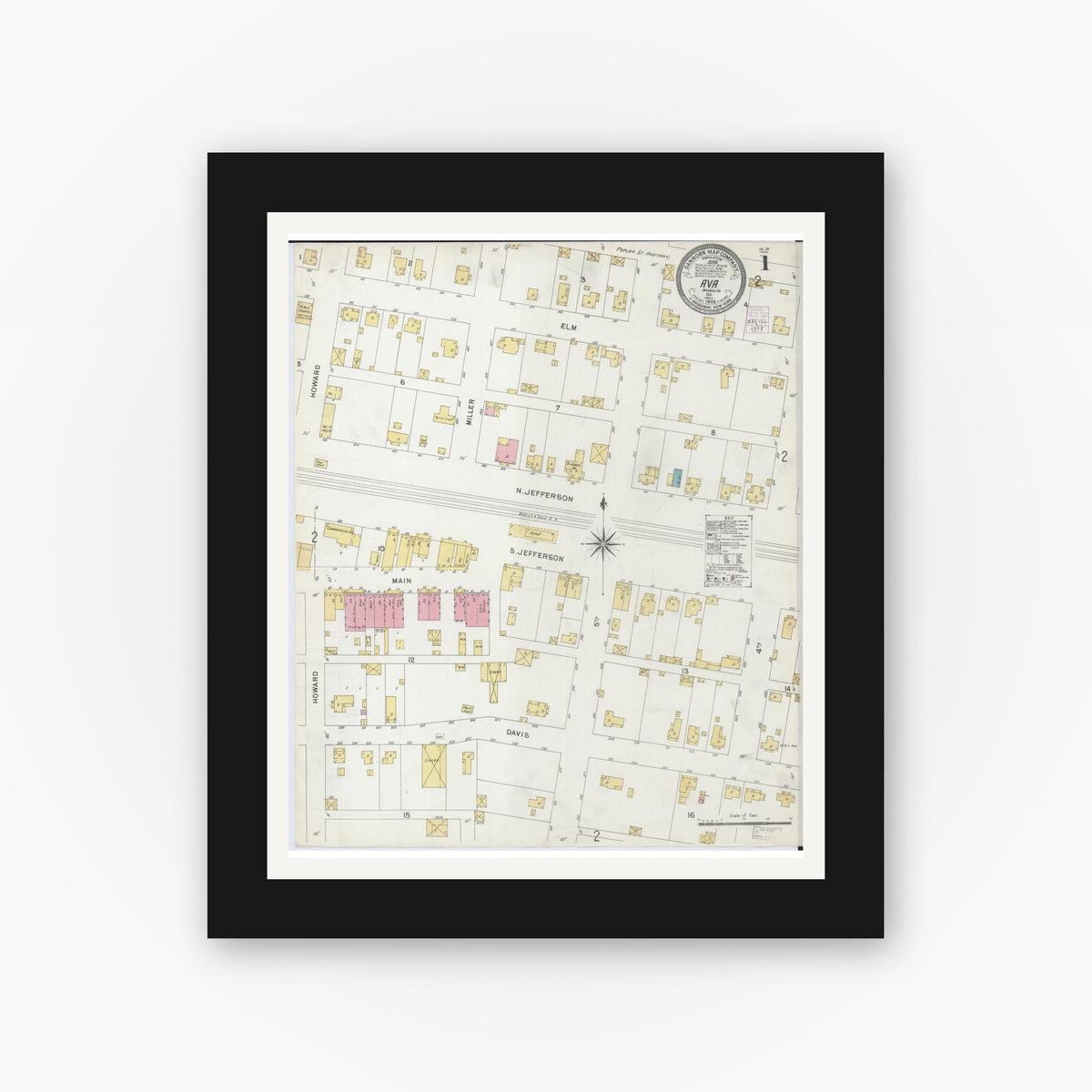 Old map wall art mockup — black gallery frame with white mat — Sanborn Fire Insurance Map from Ava, Jackson County, Illinois (1902), Sheet #0001