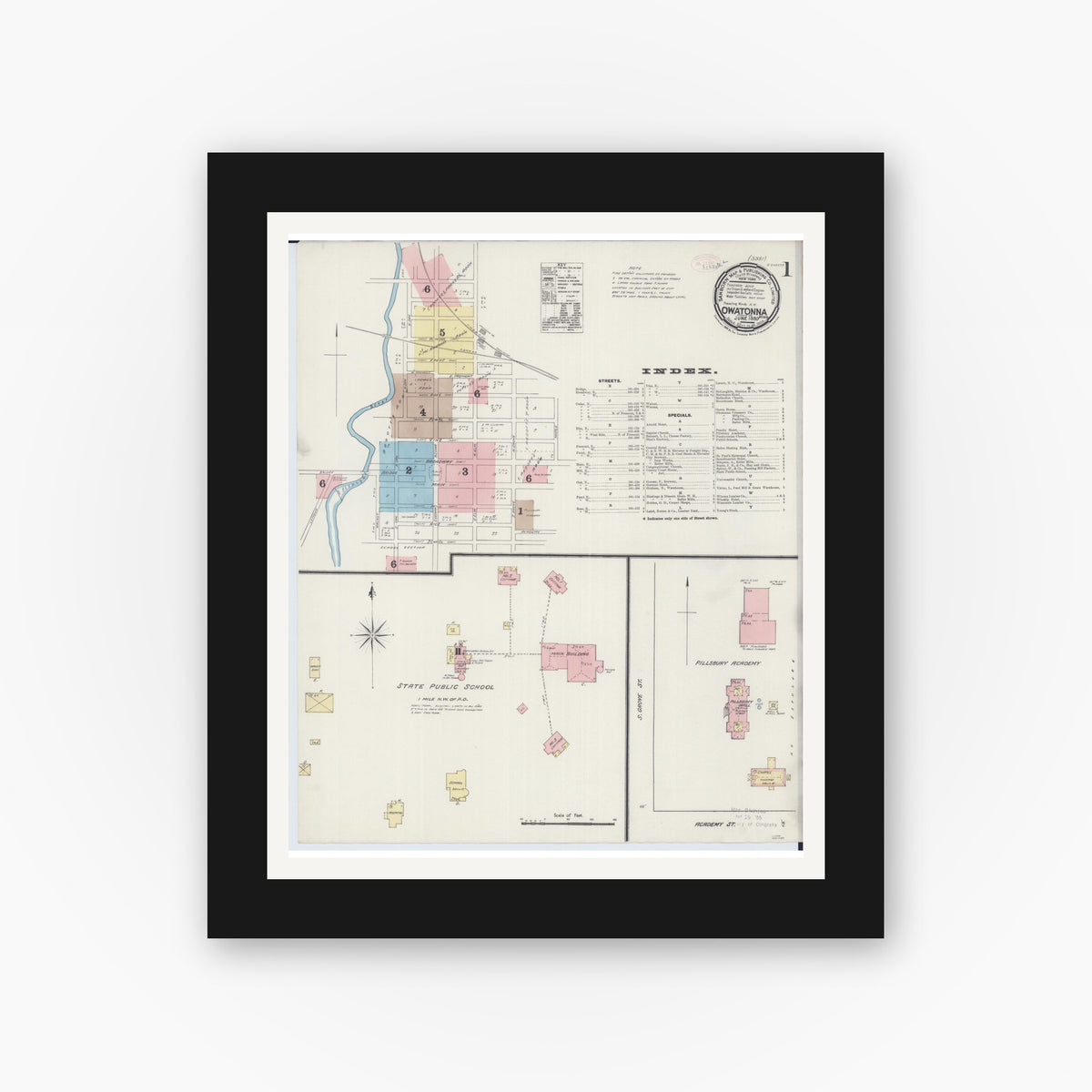 Old map wall art mockup — black gallery frame with white mat — Sanborn Fire Insurance Map from Owatonna, Steele County, Minnesota (1889) - Complete Map Set
