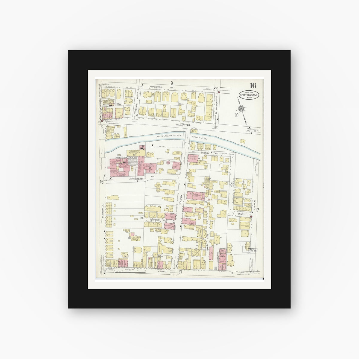 Old map wall art mockup — black gallery frame with white mat — Sanborn Fire Insurance Map from North Adams, Berkshire County, Massachusetts (1914), Sheet #0016