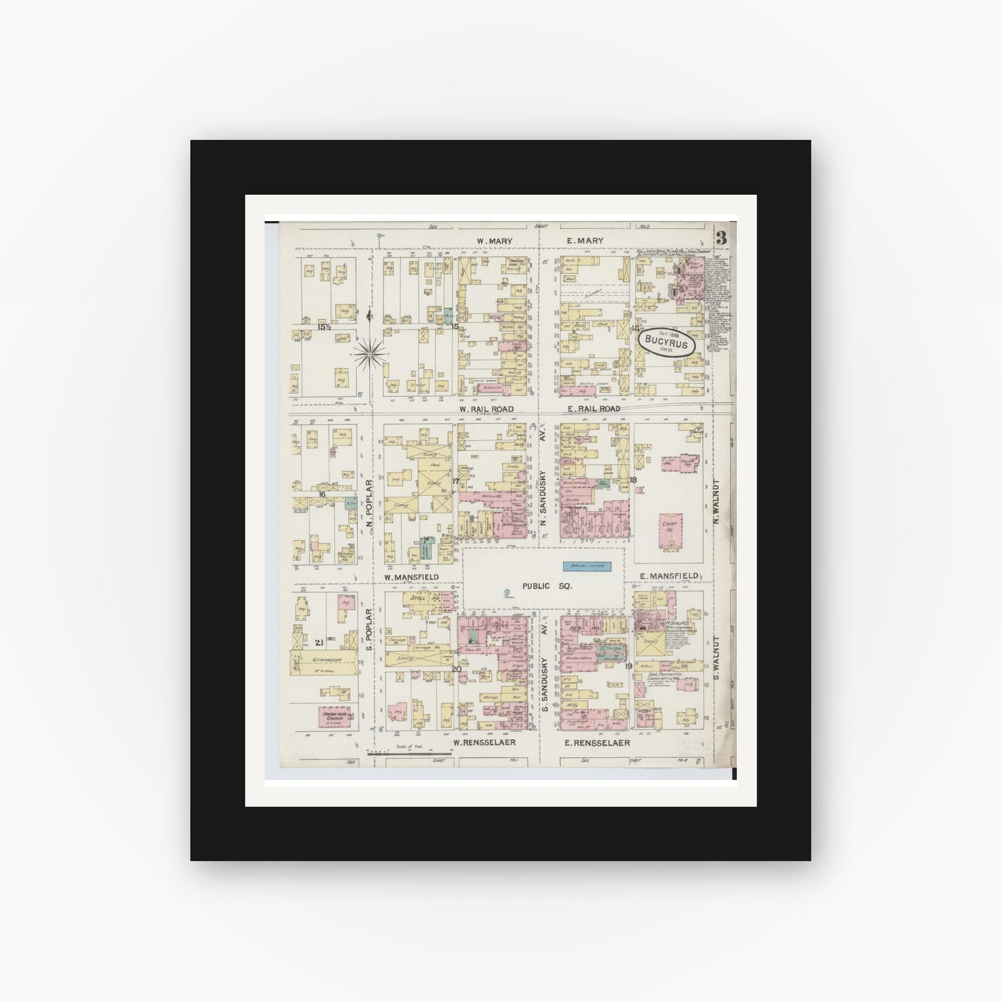 Old map wall art mockup — black gallery frame with white mat — Sanborn Fire Insurance Map from Bucyrus, Crawford County, Ohio (1888), Sheet #0003