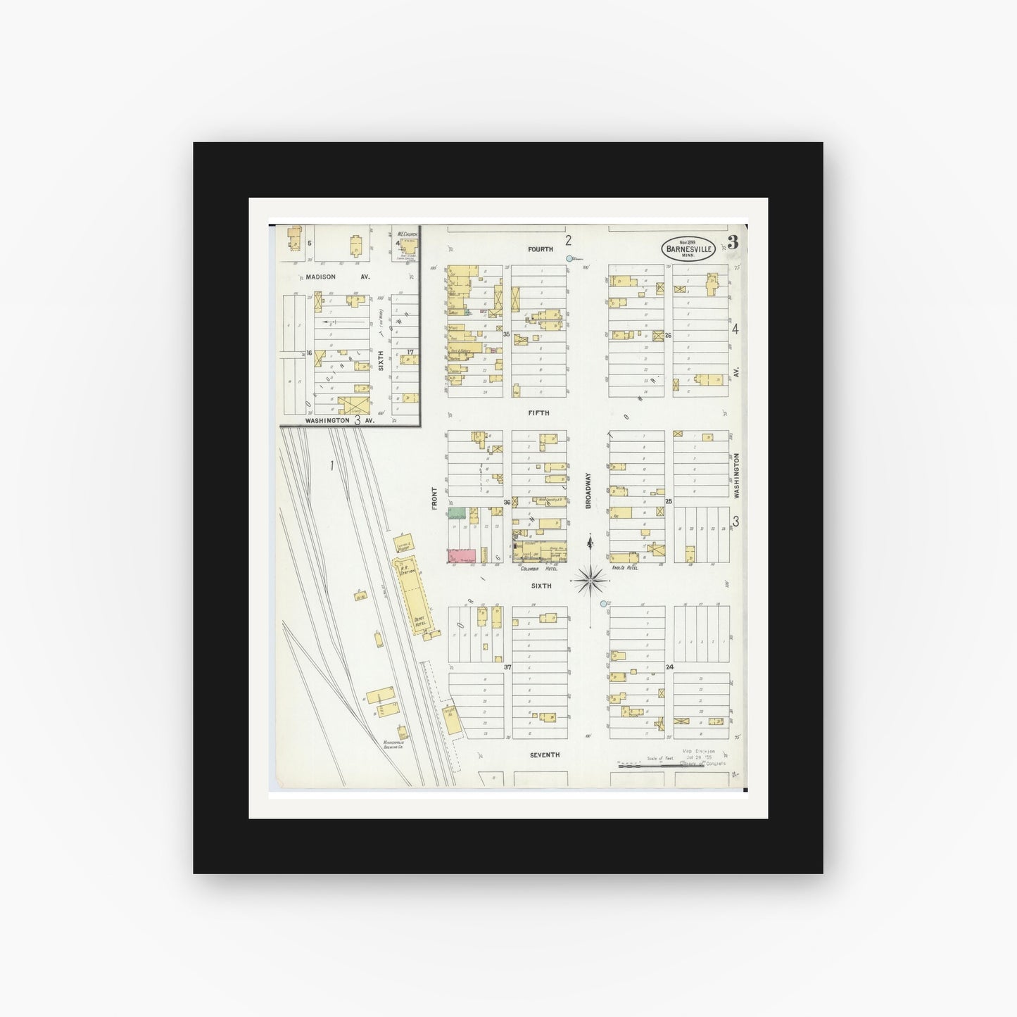 Old map wall art mockup — black gallery frame with white mat — Sanborn Fire Insurance Map from Barnesville, Clay County, Minnesota (1899), Sheet #0003
