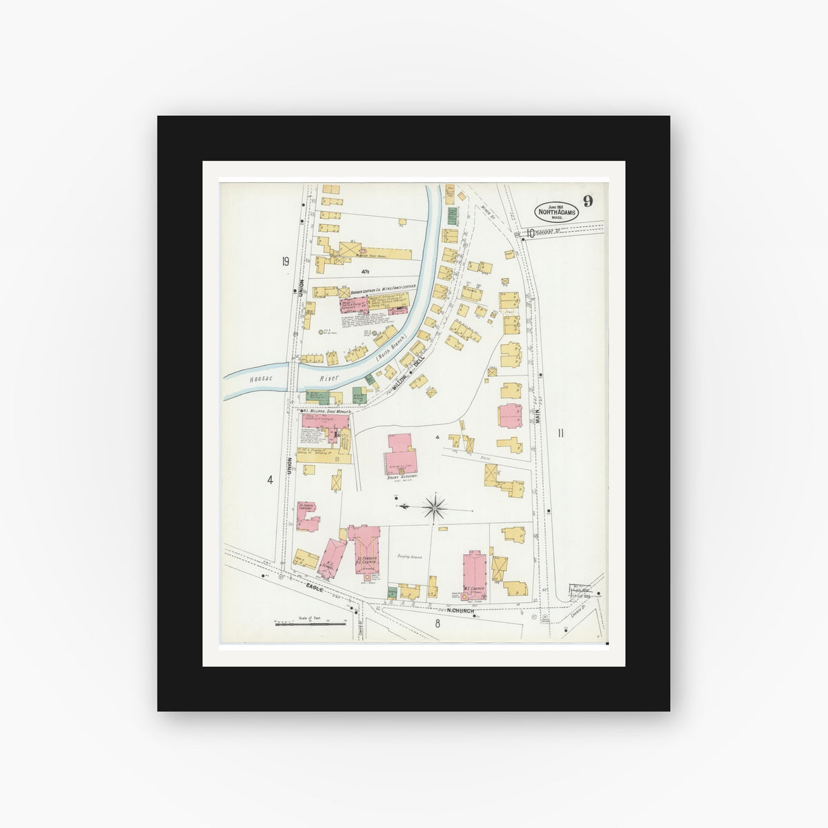 Old map wall art mockup — black gallery frame with white mat — Sanborn Fire Insurance Map from North Adams, Berkshire County, Massachusetts (1901), Sheet #0009