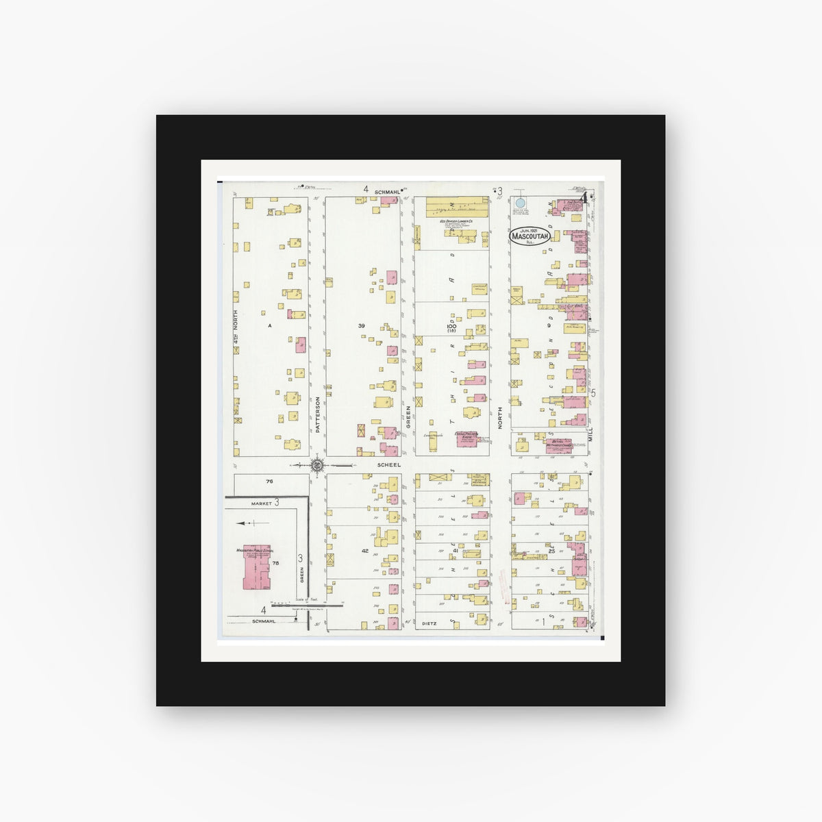 Old map wall art mockup — black gallery frame with white mat — Sanborn Fire Insurance Map from Mascoutah, Saint Clair County, Illinois (1921), Sheet #0004