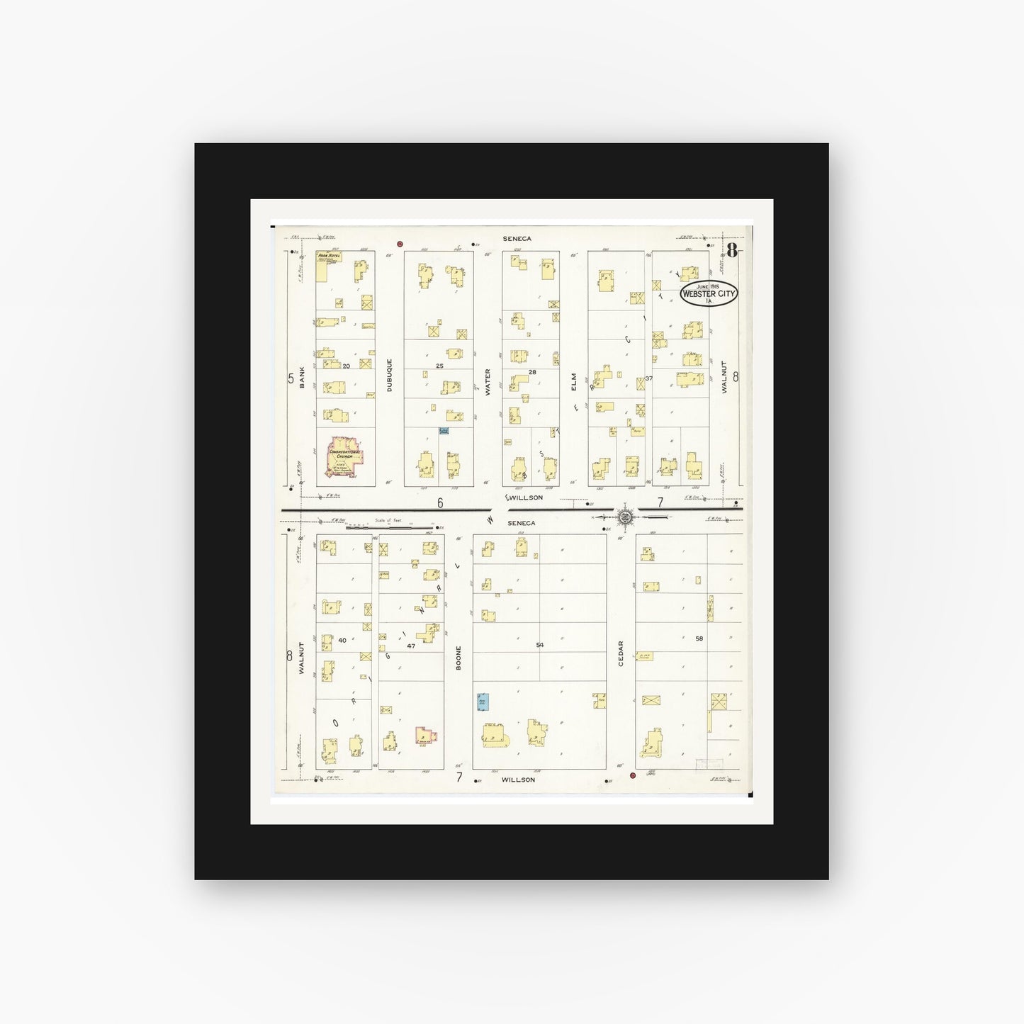 Old map wall art mockup — black gallery frame with white mat — Sanborn Fire Insurance Map from Webster City, Hamilton County, Iowa (1915), Sheet #0008