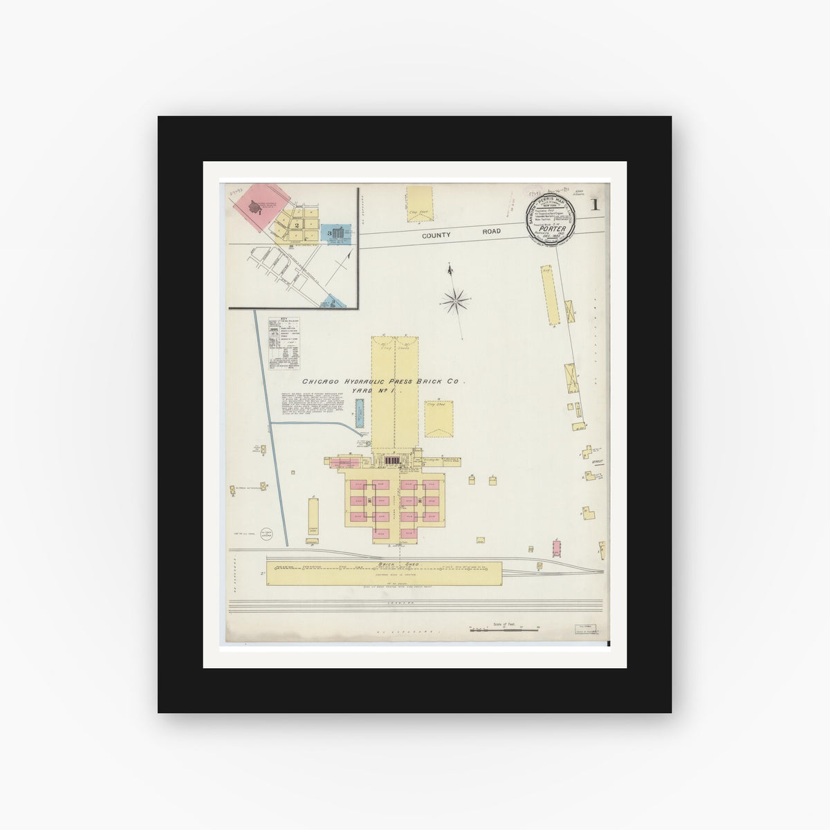 Old map wall art mockup — black gallery frame with white mat — Sanborn Fire Insurance Map from Porter, Porter County, Indiana (1893) - Complete Map Set