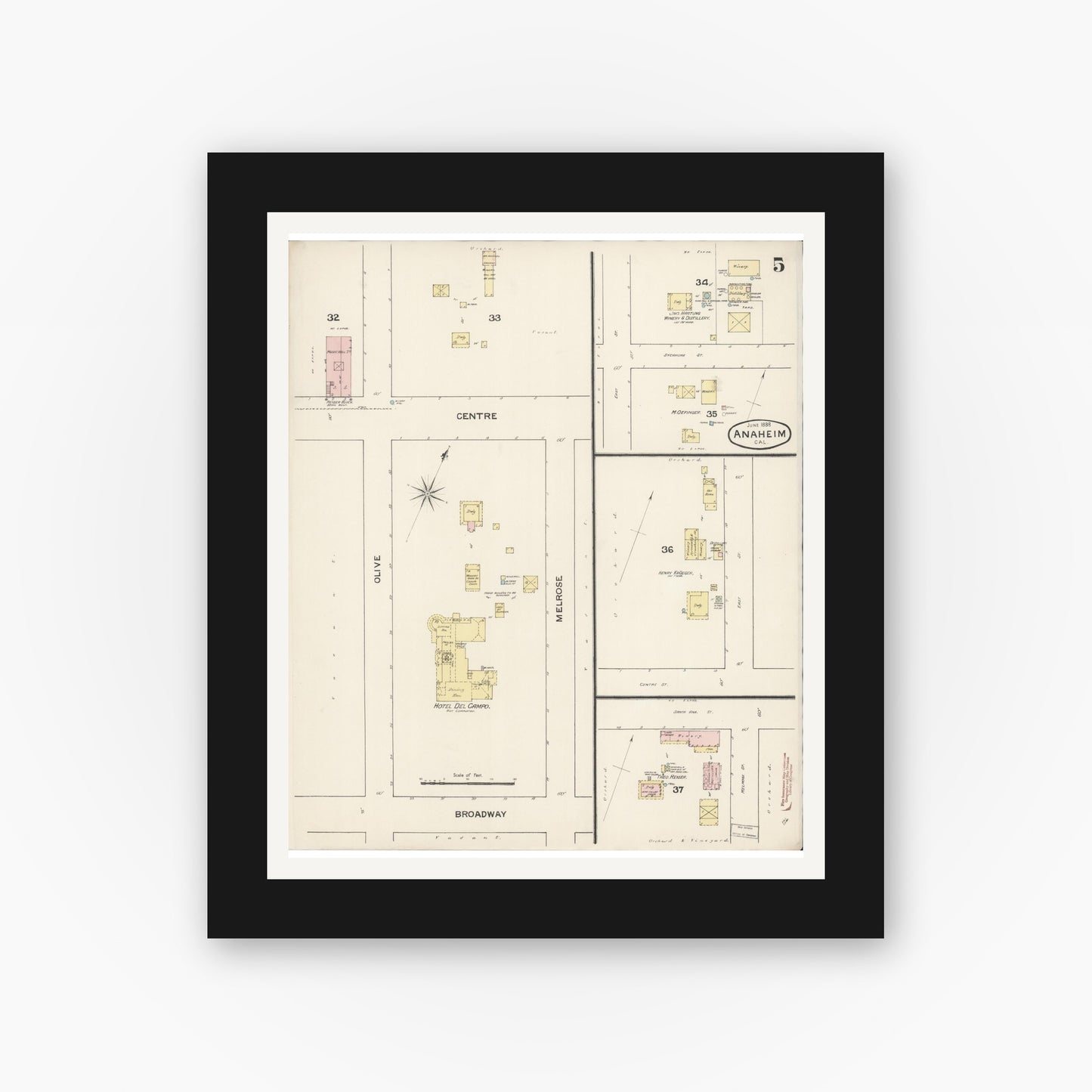 Old map wall art mockup — black gallery frame with white mat — Sanborn Fire Insurance Map from Anaheim, Orange County, California (1888), Sheet #0005