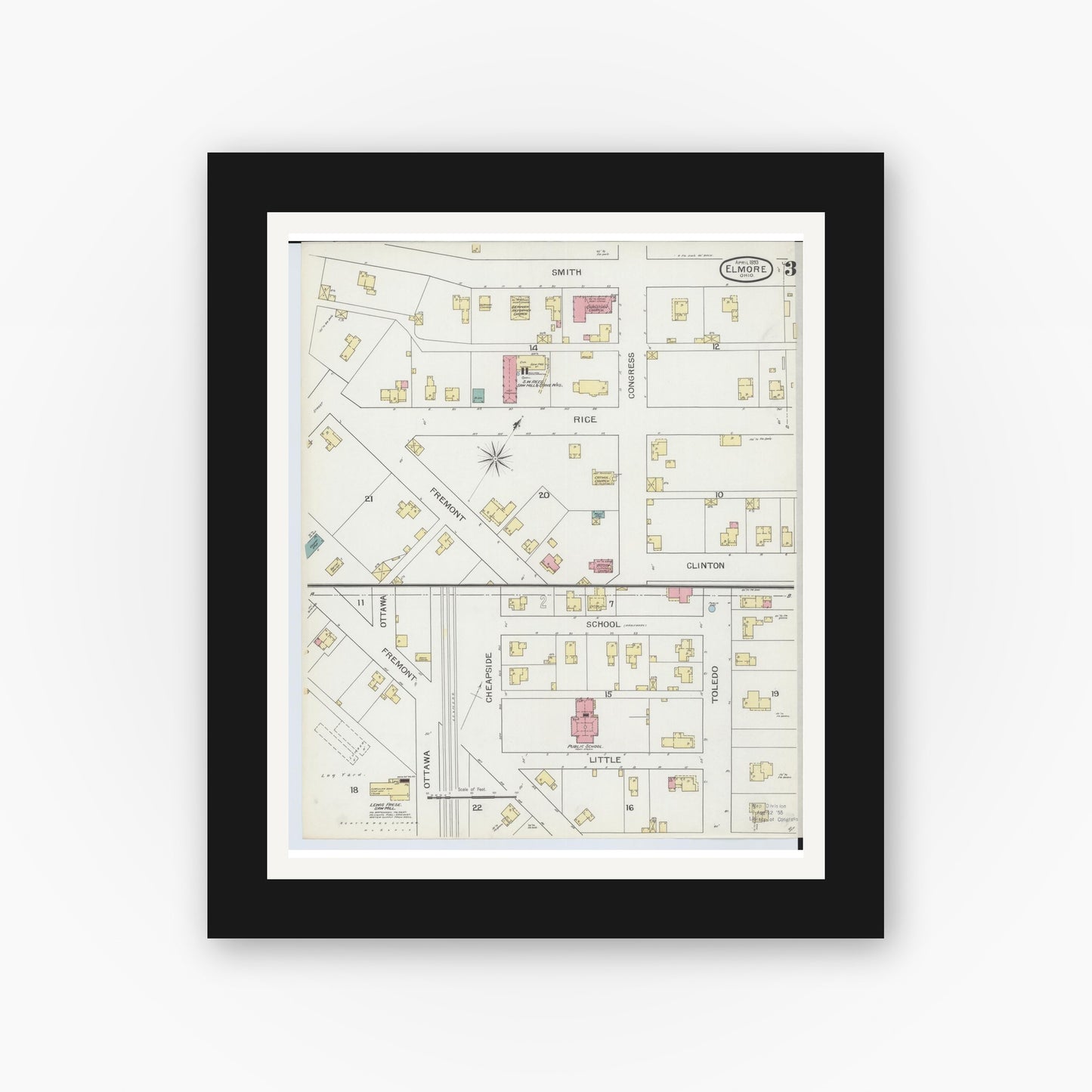 Old map wall art mockup — black gallery frame with white mat — Sanborn Fire Insurance Map from Elmore, Ottawa County, Ohio (1893), Sheet #0003