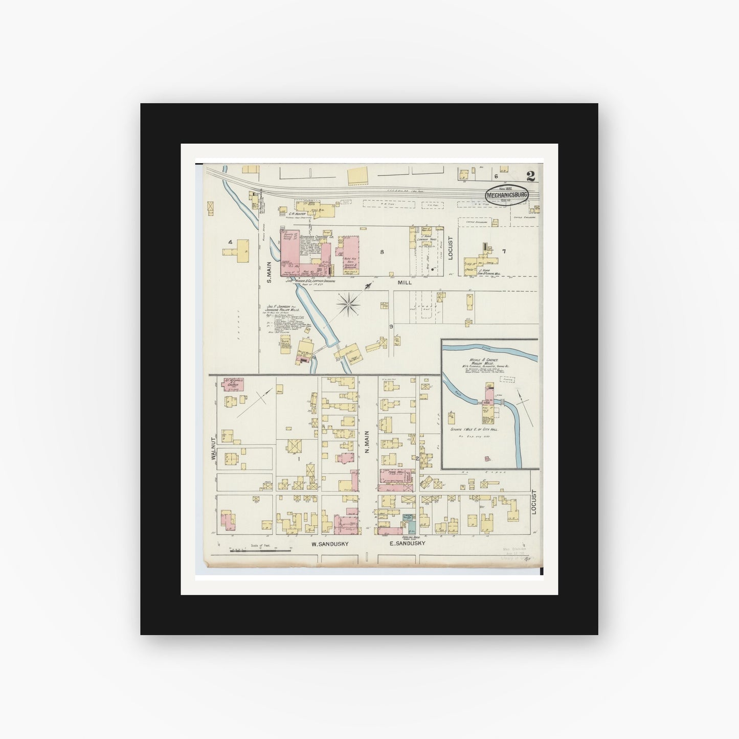 Old map wall art mockup — black gallery frame with white mat — Sanborn Fire Insurance Map from Mechanicsburg, Champaign County, Ohio (1892), Sheet #0002