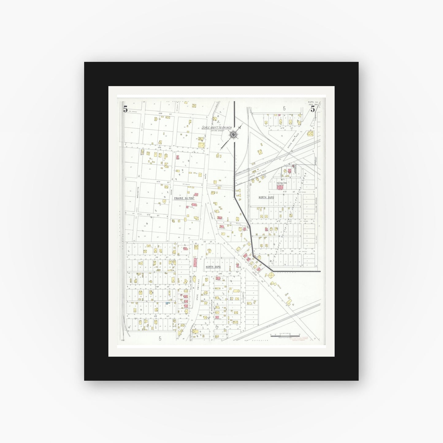 Old map wall art mockup — black gallery frame with white mat — Sanborn Fire Insurance Map from Dupo, Saint Clair County, Illinois (1941), Sheet #0005