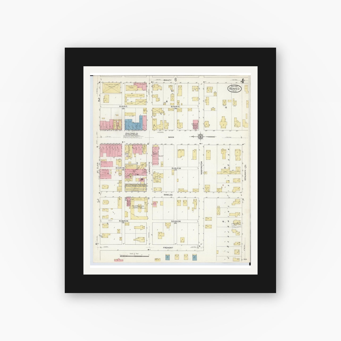 Old map wall art mockup — black gallery frame with white mat — Sanborn Fire Insurance Map from Romeo, Macomb County, Michigan (1913), Sheet #0004