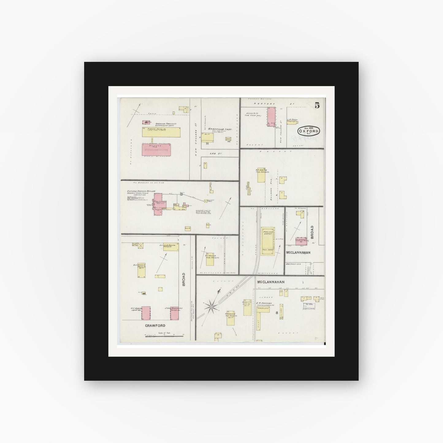 Old map wall art mockup — black gallery frame with white mat — Sanborn Fire Insurance Map from Oxford, Granville County, North Carolina (1892), Sheet #0005