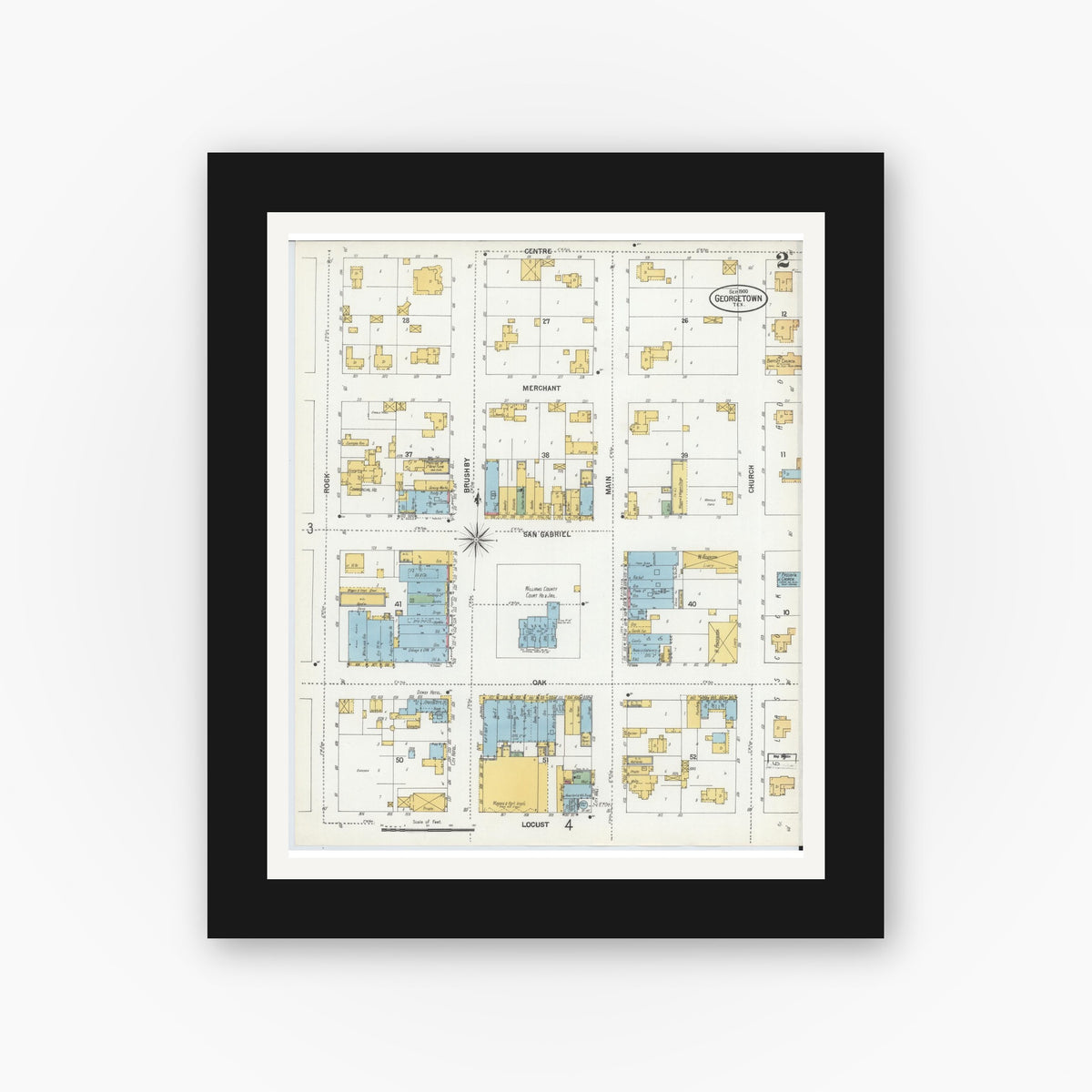Old map wall art mockup — black gallery frame with white mat — Sanborn Fire Insurance Map from Georgetown, Williamson County, Texas (1900), Sheet #0002