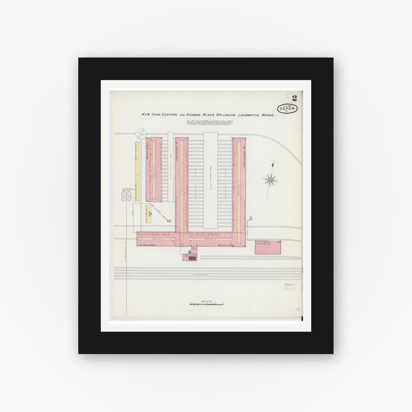 Old map wall art mockup — black gallery frame with white mat — Sanborn Fire Insurance Map from Depew, Erie County, New York (1893), Sheet #0002