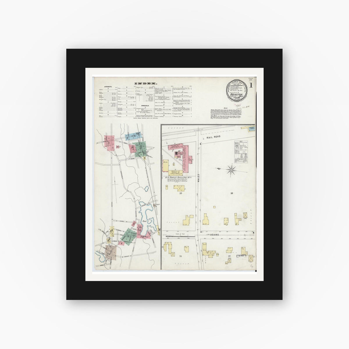 Old map wall art mockup — black gallery frame with white mat — Sanborn Fire Insurance Map from Abington, Plymouth County, Massachusetts (1896) - Complete Map Set