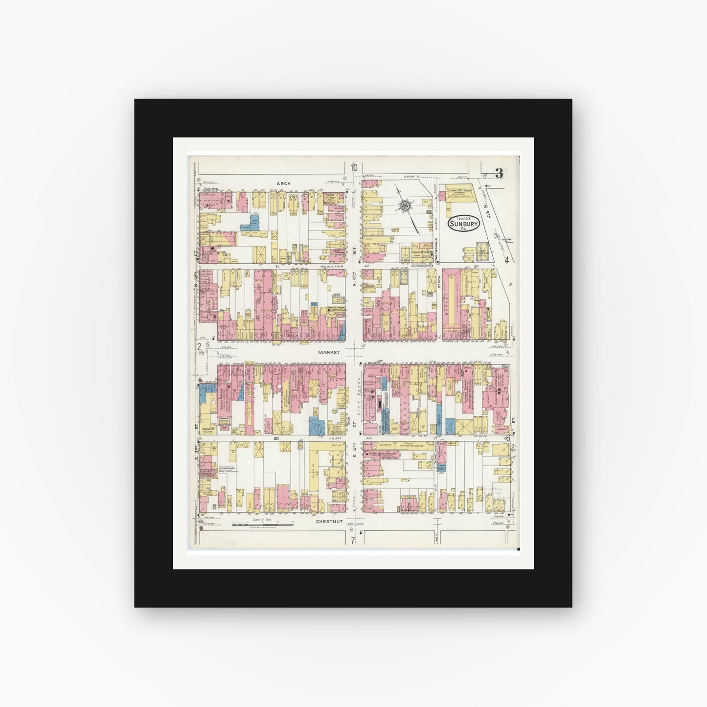 Old map wall art mockup — black gallery frame with white mat — Sanborn Fire Insurance Map from Sunbury, Northumberland County, Pennsylvania (1918), Sheet #0003