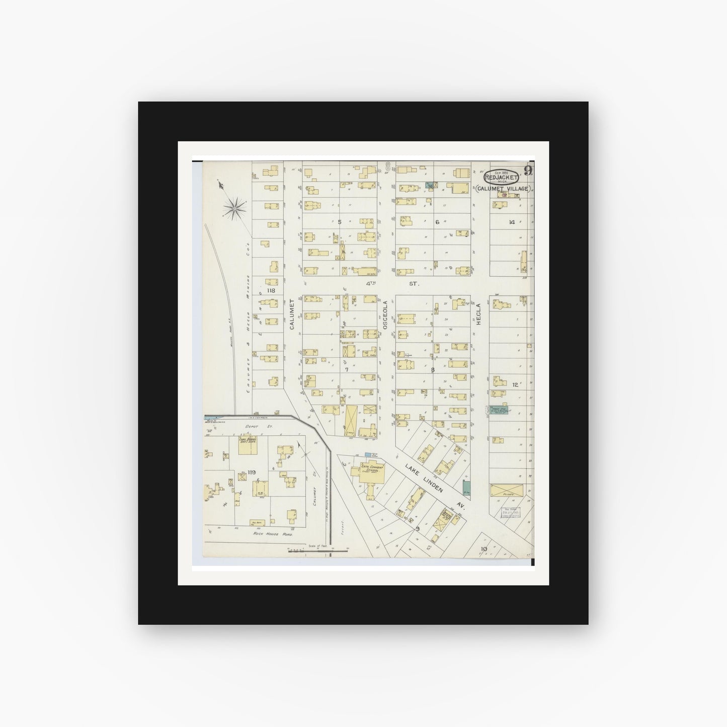 Old map wall art mockup — black gallery frame with white mat — Sanborn Fire Insurance Map from Red Jacket, Houghton County, Michigan (1893), Sheet #0009