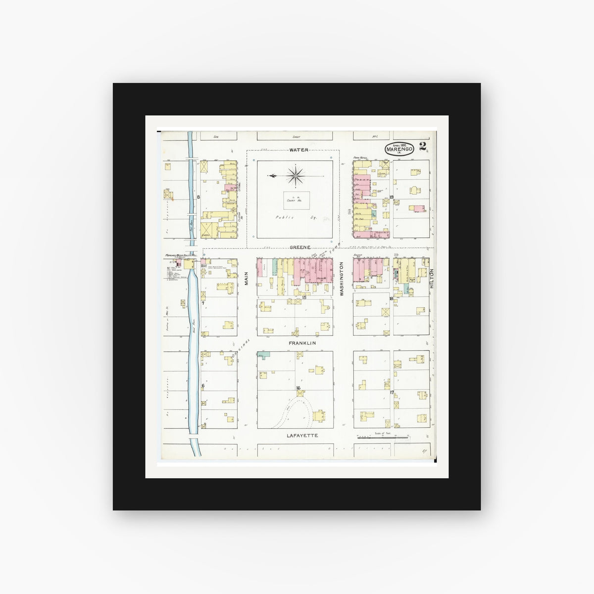 Old map wall art mockup — black gallery frame with white mat — Sanborn Fire Insurance Map from Marengo, Iowa County, Iowa (1892), Sheet #0002