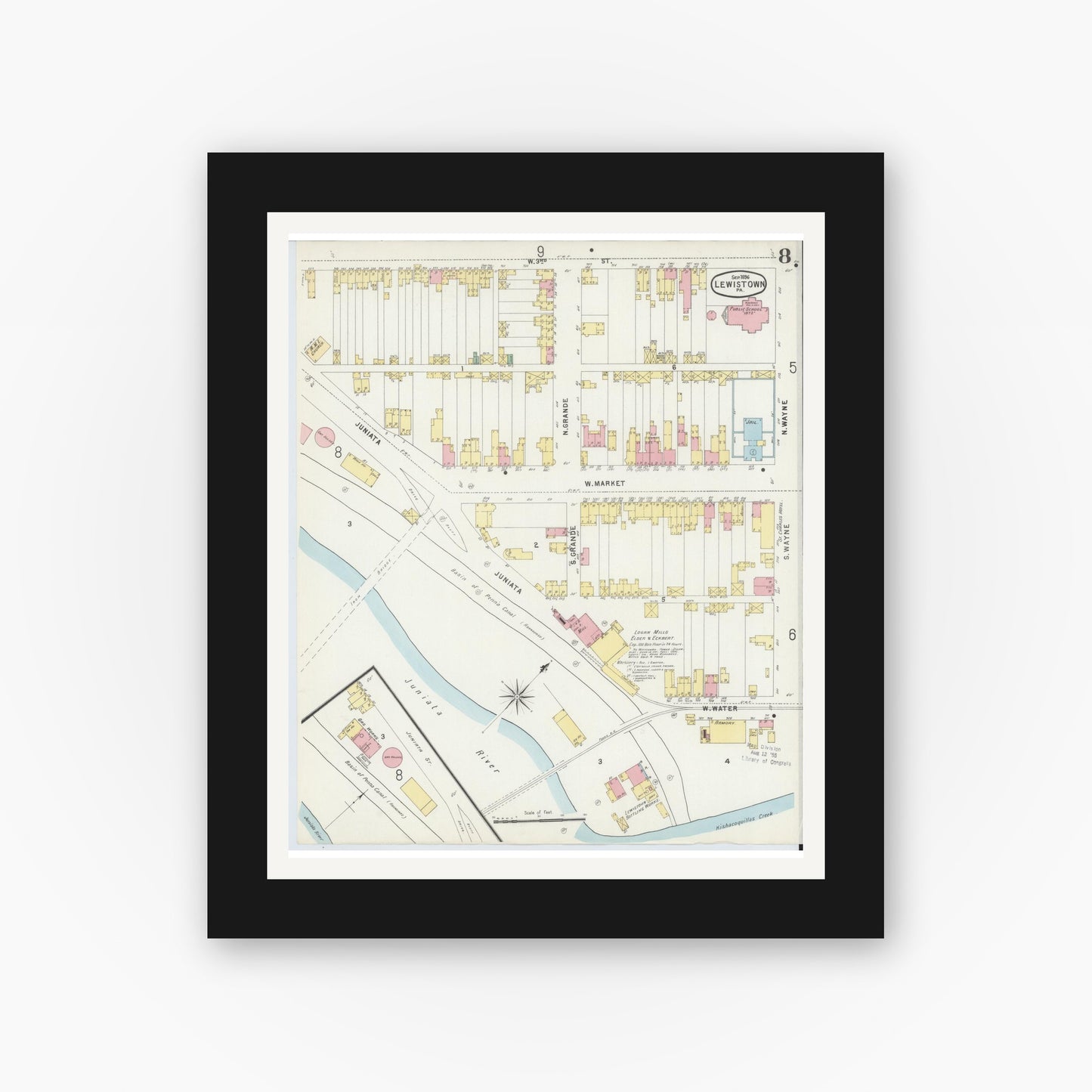 Old map wall art mockup — black gallery frame with white mat — Sanborn Fire Insurance Map from Lewistown, Mifflin County, Pennsylvania (1896), Sheet #0008
