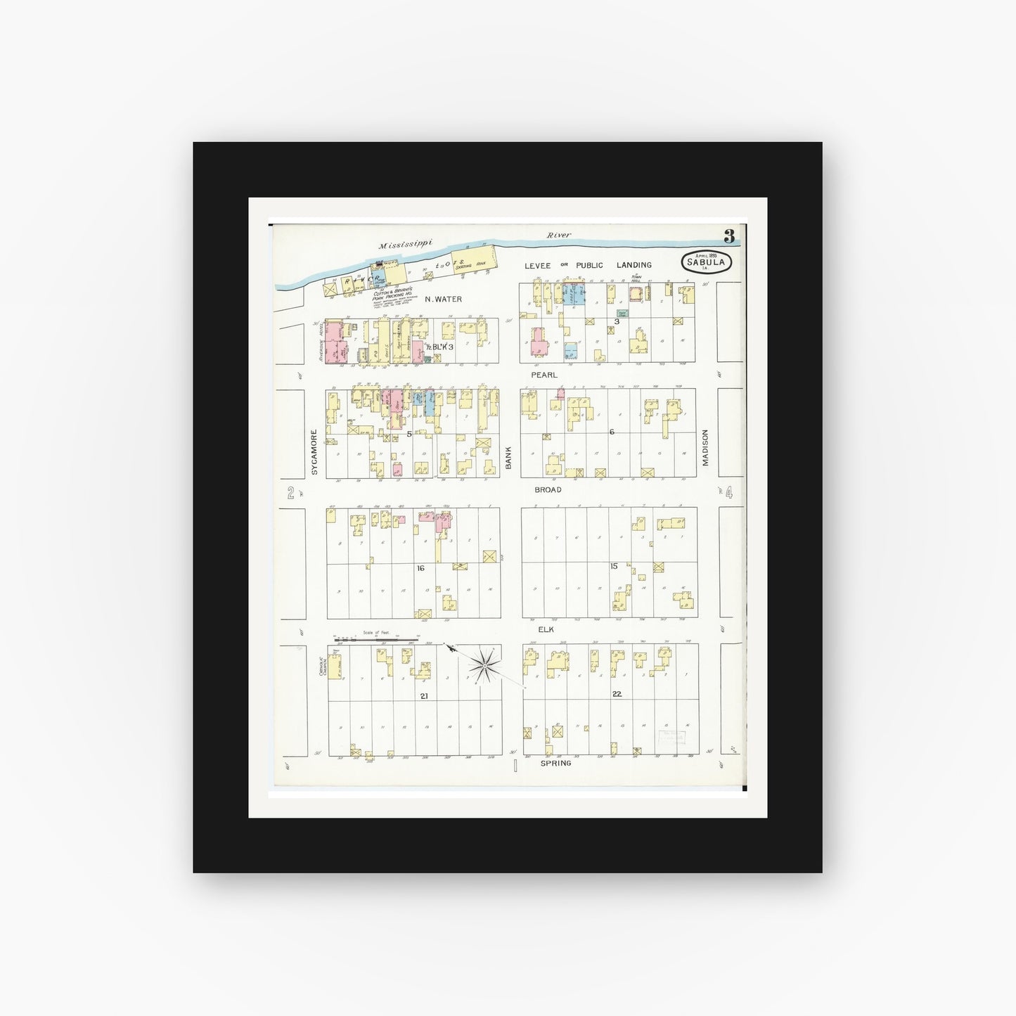 Old map wall art mockup — black gallery frame with white mat — Sanborn Fire Insurance Map from Sabula, Jackson County, Iowa (1893), Sheet #0003