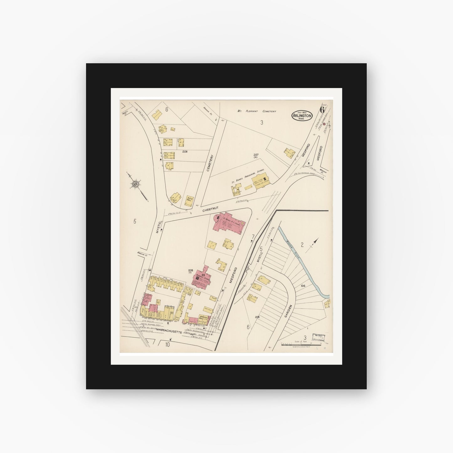 Old map wall art mockup — black gallery frame with white mat — Sanborn Fire Insurance Map from Arlington, Middlesex County, Massachusetts (1922), Sheet #0006