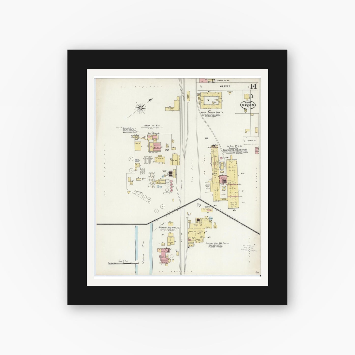 Old map wall art mockup — black gallery frame with white mat — Sanborn Fire Insurance Map from Warren, Warren County, Pennsylvania (1898), Sheet #0014