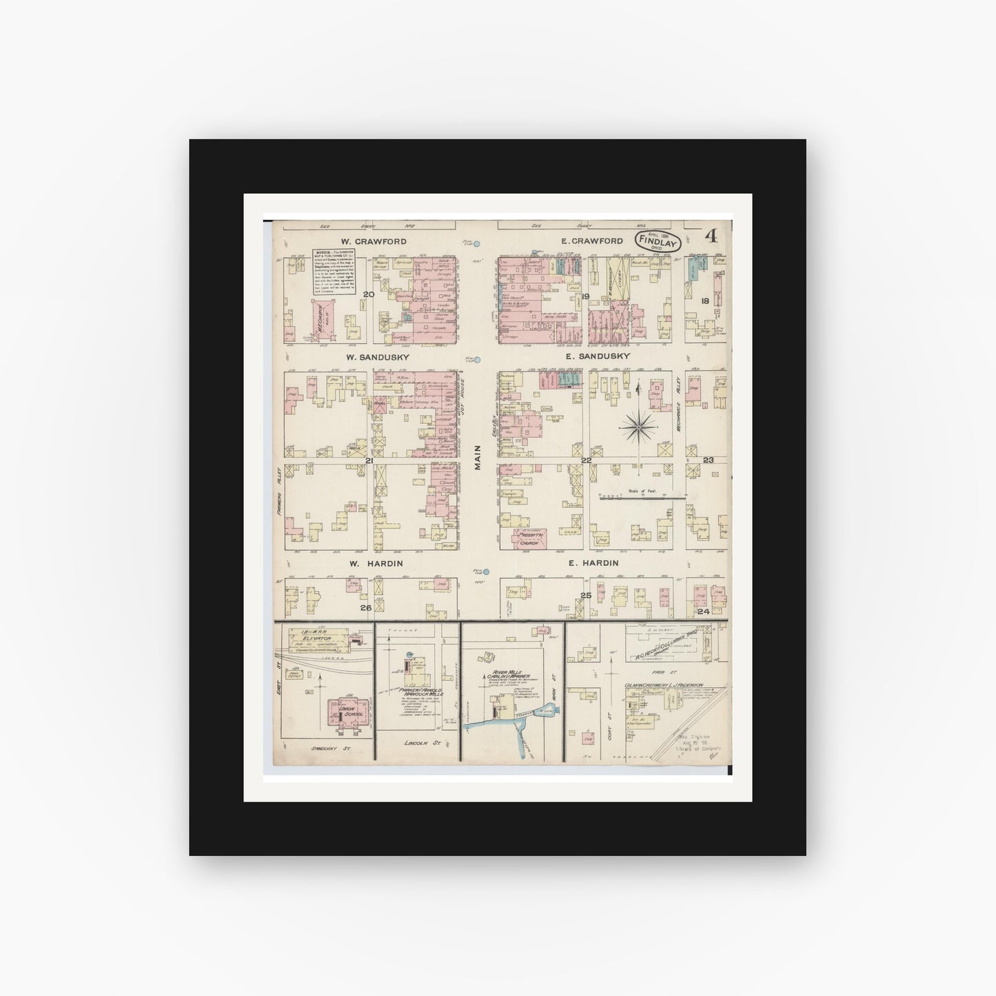 Old map wall art mockup — black gallery frame with white mat — Sanborn Fire Insurance Map from Findlay, Hancock County, Ohio (1884), Sheet #0004