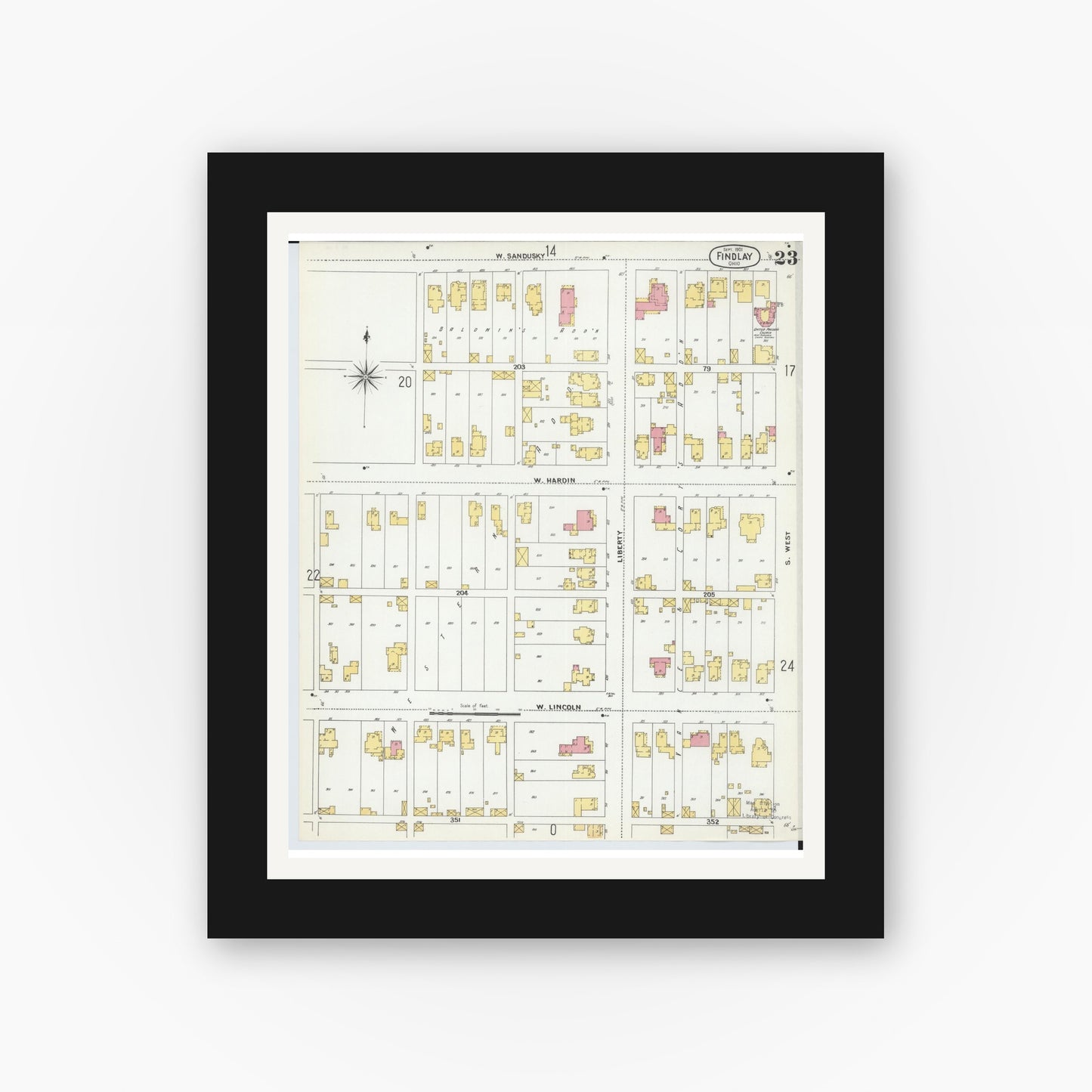 Old map wall art mockup — black gallery frame with white mat — Sanborn Fire Insurance Map from Findlay, Hancock County, Ohio (1901), Sheet #0023