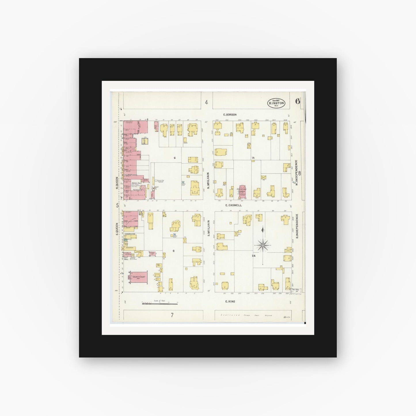 Old map wall art mockup — black gallery frame with white mat — Sanborn Fire Insurance Map from Kinston, Lenoir County, North Carolina (1901), Sheet #0006