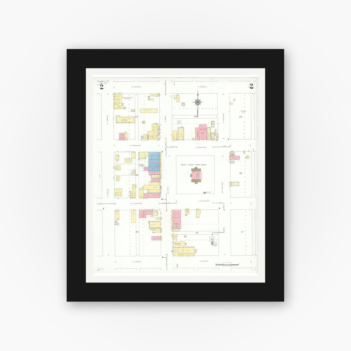 Old map wall art mockup — black gallery frame with white mat — Sanborn Fire Insurance Map from Seminole, Gaines County, Texas (1941), Sheet #0002