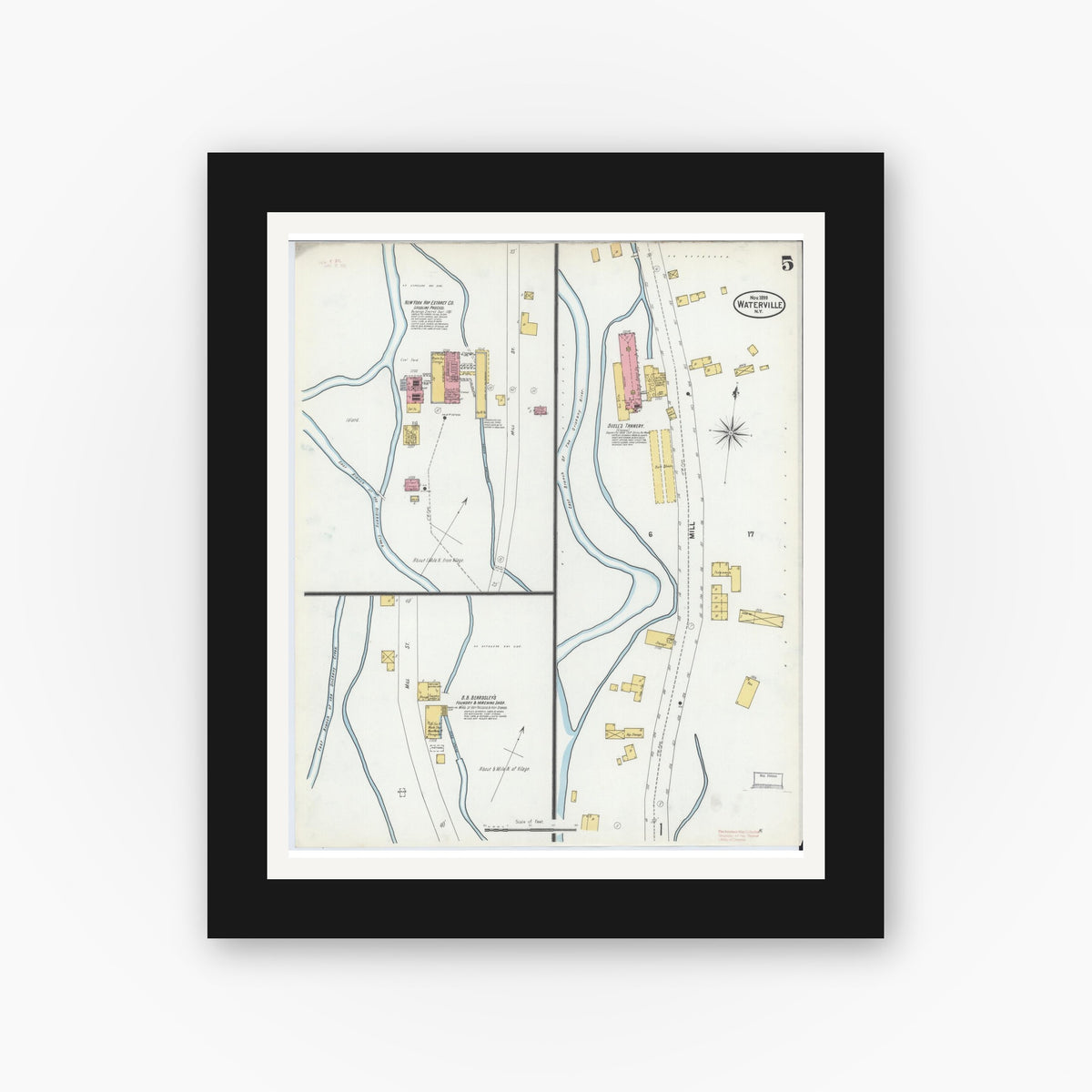 Old map wall art mockup — black gallery frame with white mat — Sanborn Fire Insurance Map from Waterville, Oneida County, New York (1899), Sheet #0005