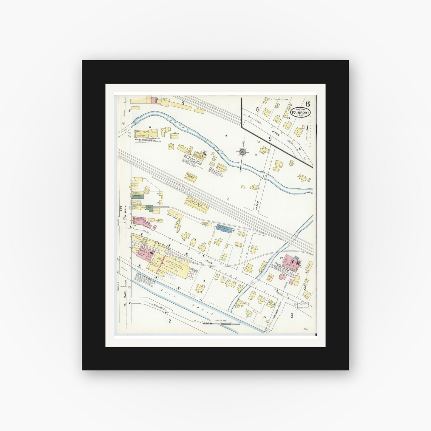 Old map wall art mockup — black gallery frame with white mat — Sanborn Fire Insurance Map from Fairport, Monroe County, New York (1909), Sheet #0006