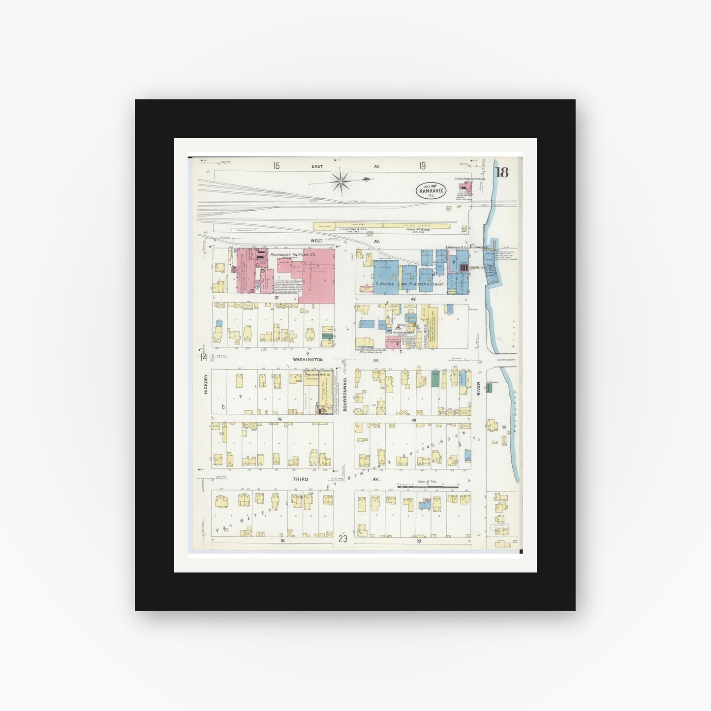 Old map wall art mockup — black gallery frame with white mat — Sanborn Fire Insurance Map from Kankakee, Kankakee County, Illinois (1907), Sheet #0018