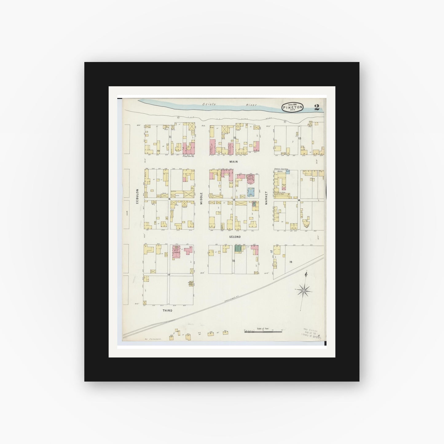 Old map wall art mockup — black gallery frame with white mat — Sanborn Fire Insurance Map from Piketon, Pike County, Ohio (1896), Sheet #0002