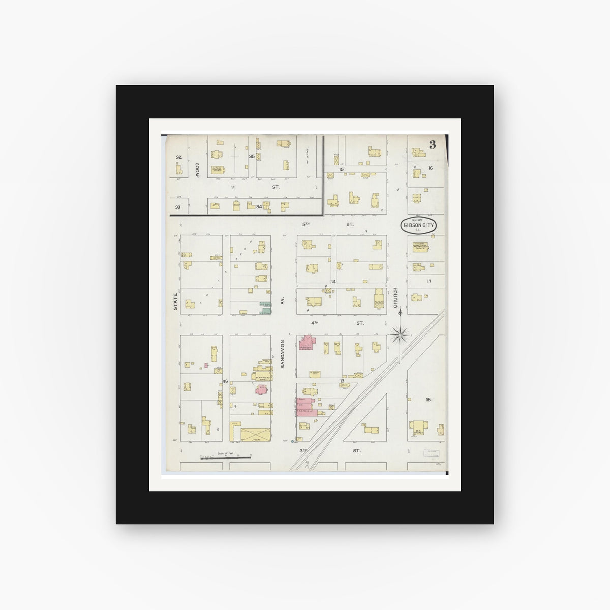 Old map wall art mockup — black gallery frame with white mat — Sanborn Fire Insurance Map from Gibson City, Ford County, Illinois (1892), Sheet #0003