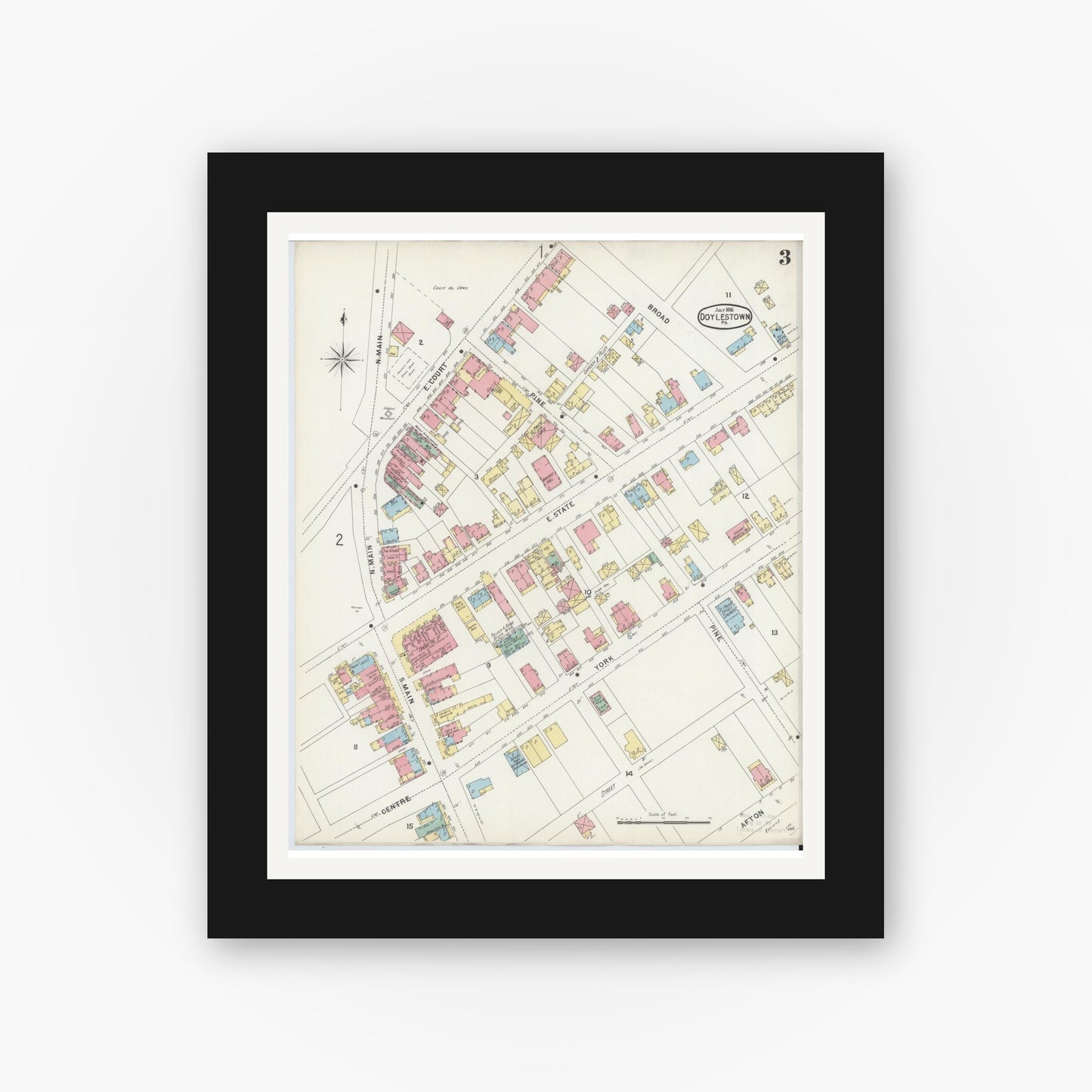 Old map wall art mockup — black gallery frame with white mat — Sanborn Fire Insurance Map from Doylestown, Bucks County, Pennsylvania (1896), Sheet #0003