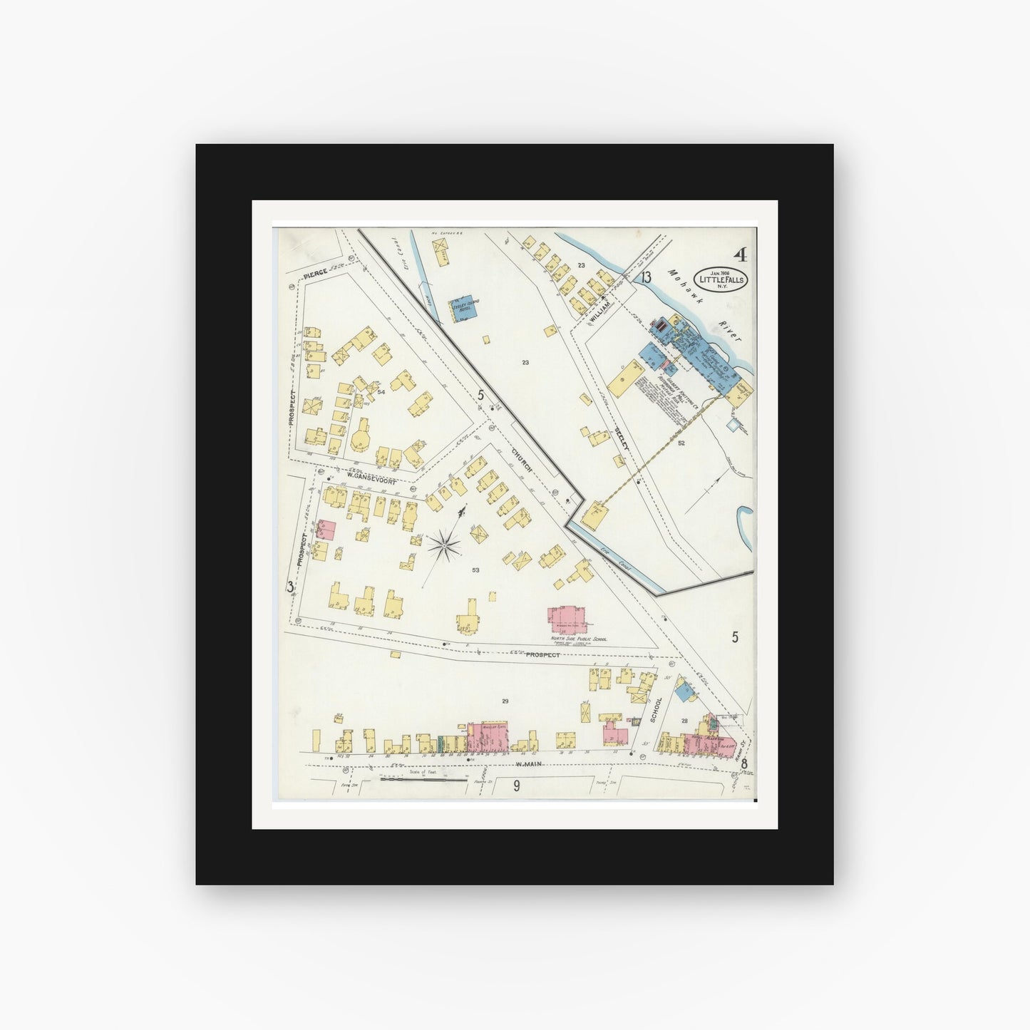 Old map wall art mockup — black gallery frame with white mat — Sanborn Fire Insurance Map from Little Falls, Herkimer County, New York (1906), Sheet #0004