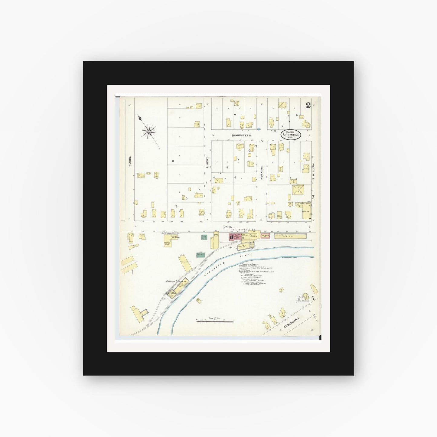 Old map wall art mockup — black gallery frame with white mat — Sanborn Fire Insurance Map from Sebewaing, Huron County, Michigan (1909), Sheet #0002