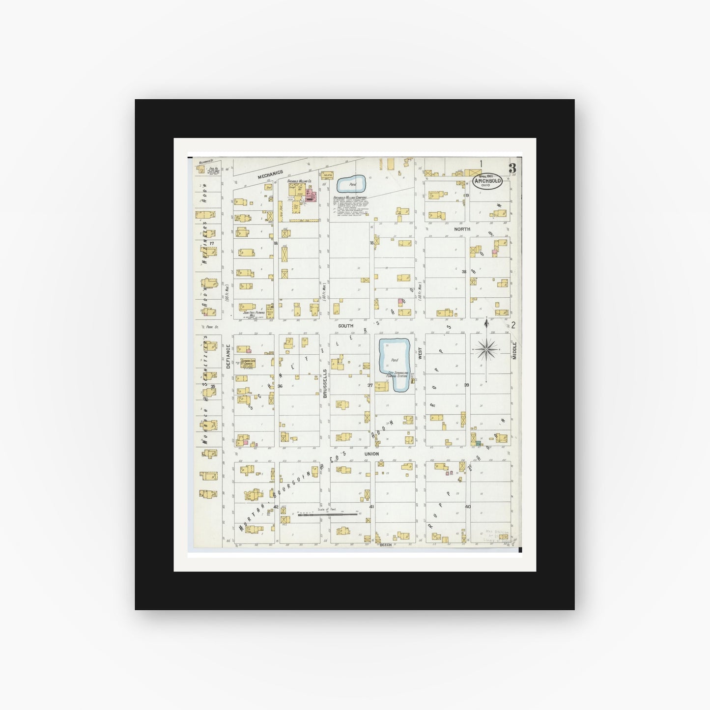 Old map wall art mockup — black gallery frame with white mat — Sanborn Fire Insurance Map from Archbold, Fulton County, Ohio (1901), Sheet #0003