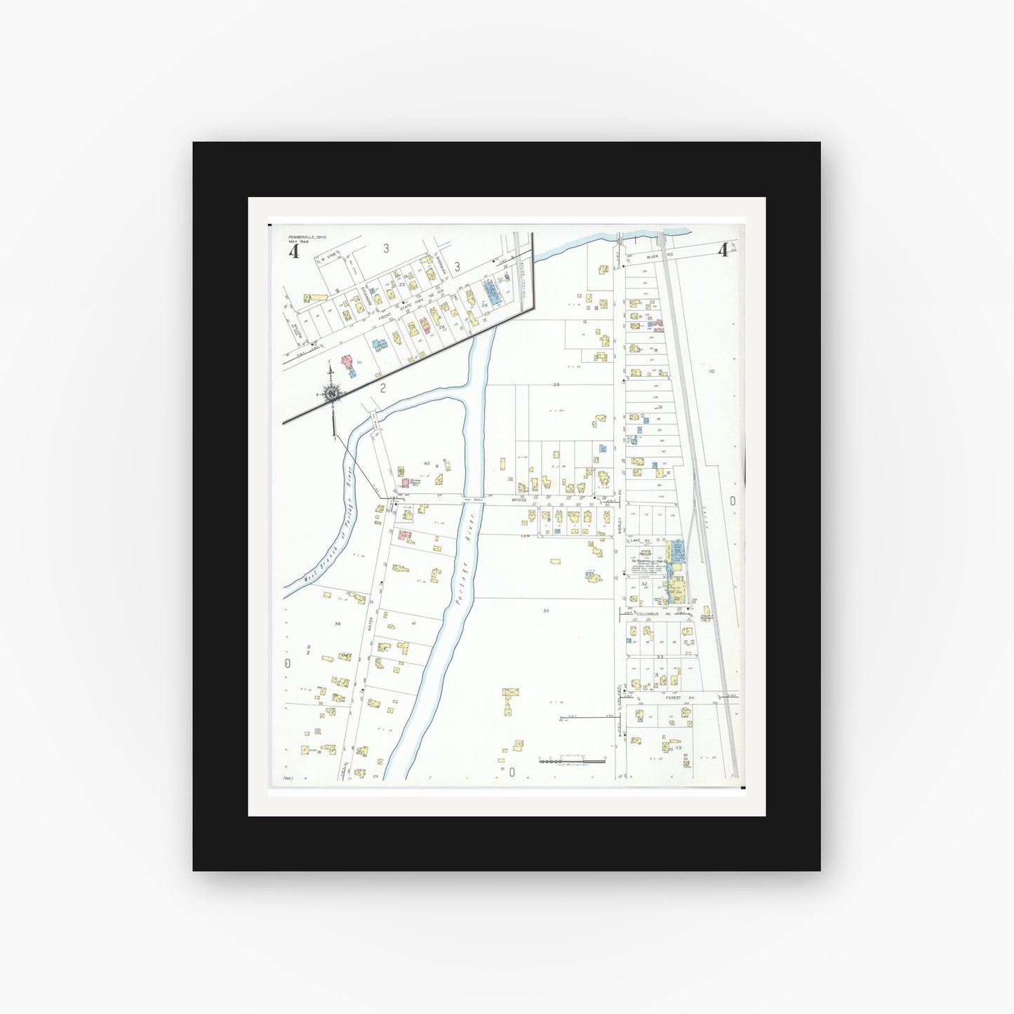 Old map wall art mockup — black gallery frame with white mat — Sanborn Fire Insurance Map from Pemberville, Wood County, Ohio (1948), Sheet #0004