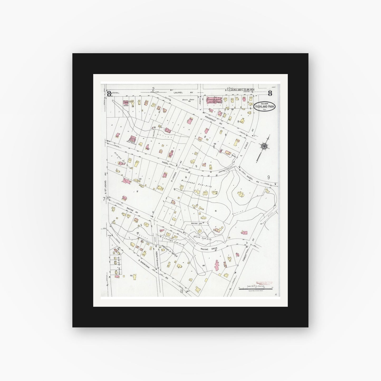 Old map wall art mockup — black gallery frame with white mat — Sanborn Fire Insurance Map from Highland Park, Lake County, Illinois (1924), Sheet #0008