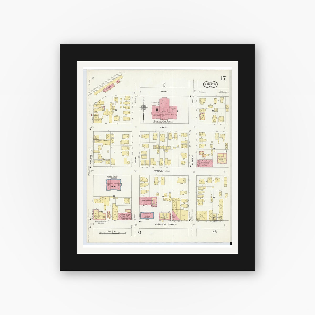 Old map wall art mockup — black gallery frame with white mat — Sanborn Fire Insurance Map from Appleton, Outagamie County, Wisconsin (1911), Sheet #0017