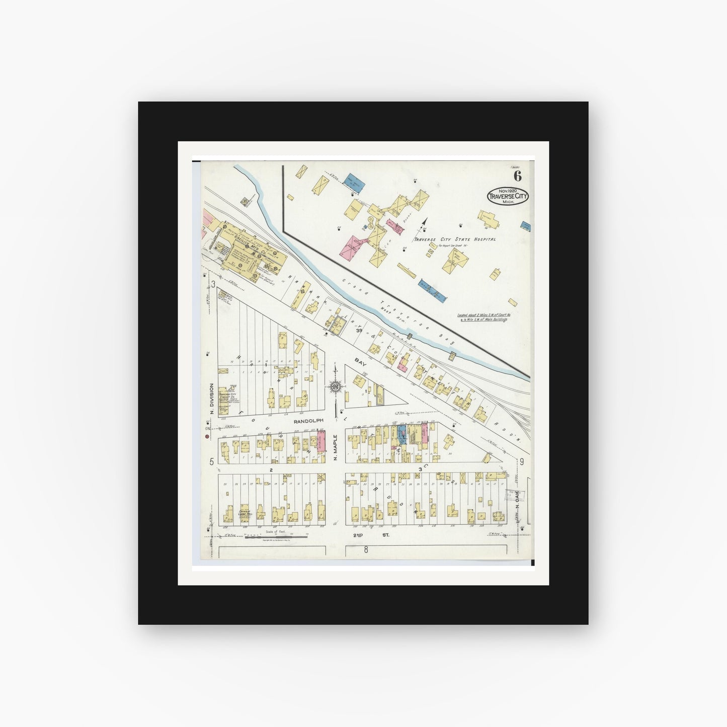 Old map wall art mockup — black gallery frame with white mat — Sanborn Fire Insurance Map from Traverse City, Grand Traverse County, Michigan (1920), Sheet #0006