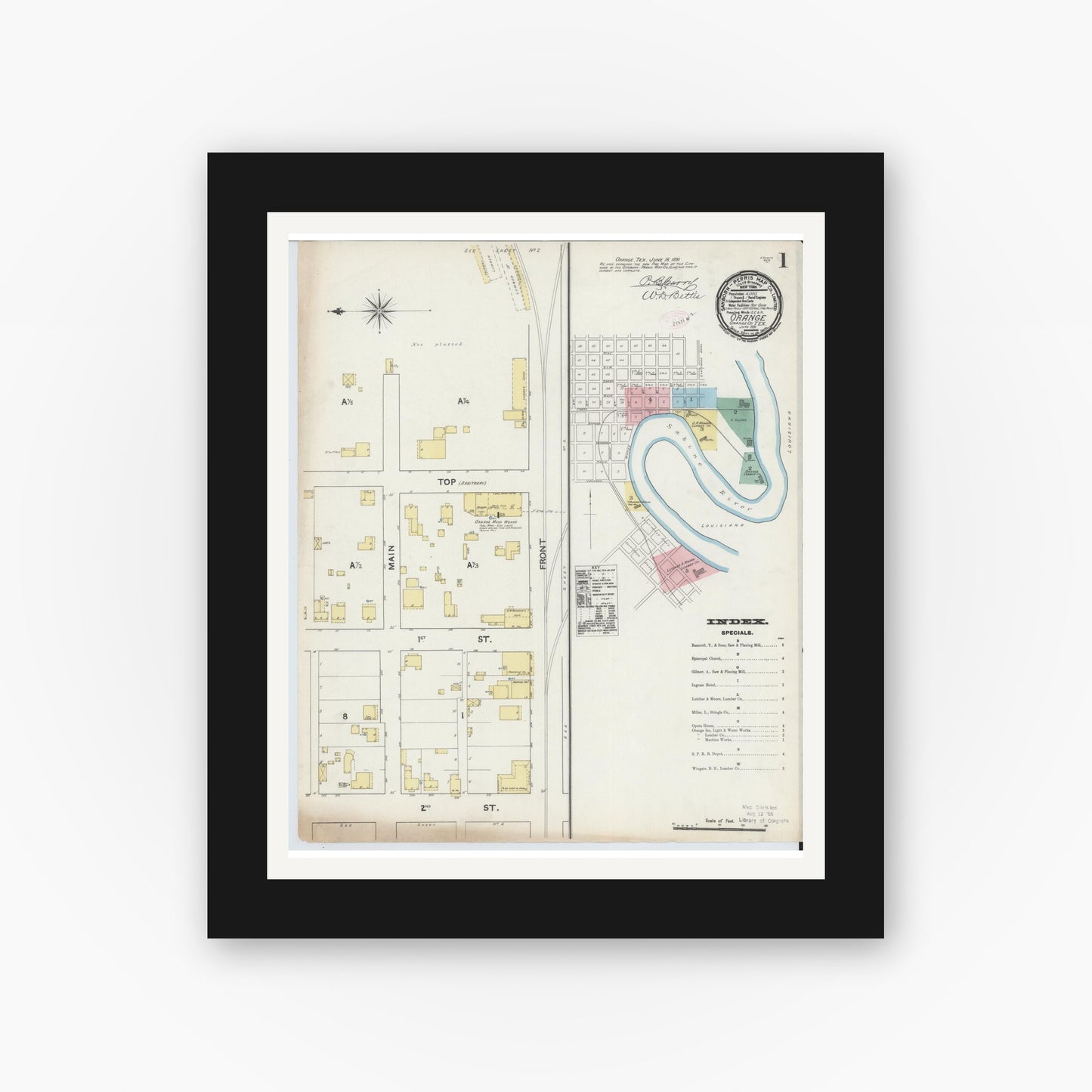 Old map wall art mockup — black gallery frame with white mat — Sanborn Fire Insurance Map from Orange, Orange County, Texas (1891), Sheet #0001