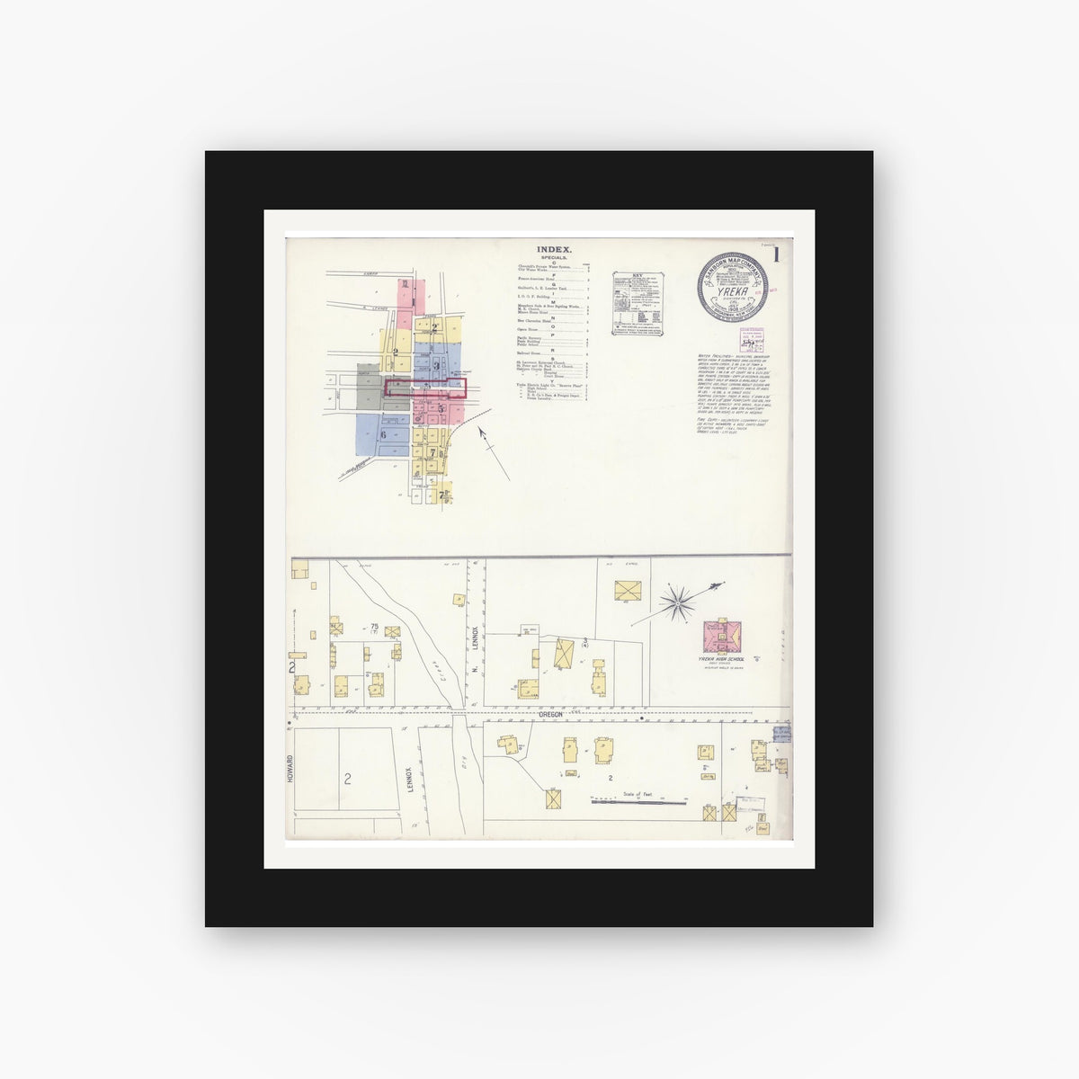 Old map wall art mockup — black gallery frame with white mat — Sanborn Fire Insurance Map from Yreka, Siskiyou County, California (1908) - Complete Map Set