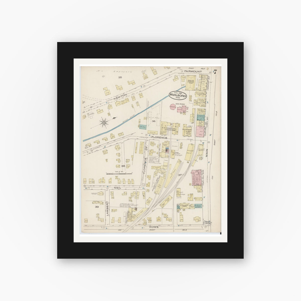Old map wall art mockup — black gallery frame with white mat — Sanborn Fire Insurance Map from Marlborough, Middlesex County, Massachusetts (1885), Sheet #0007