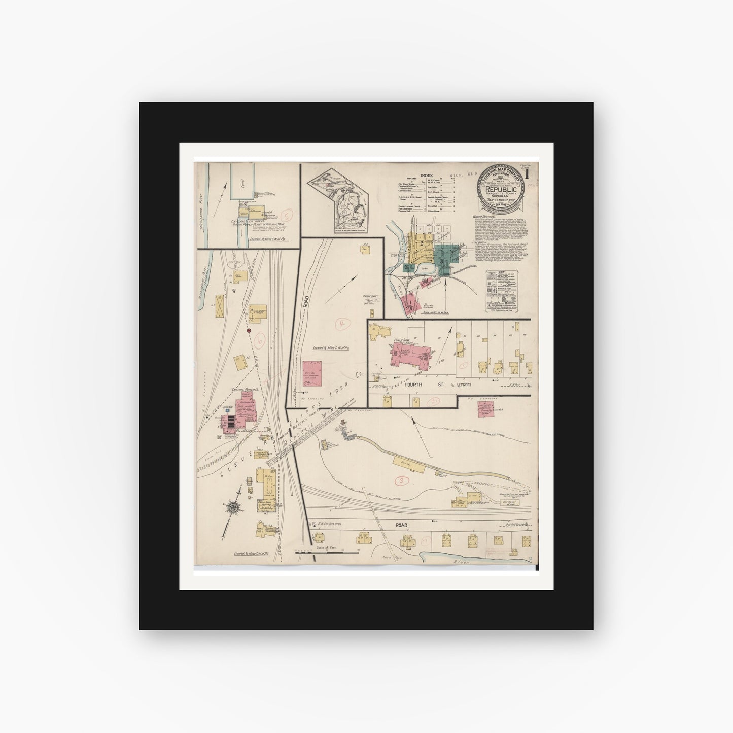 Old map wall art mockup β black gallery frame with white mat β Sanborn Fire Insurance Map from Republic, Marquette County, Michigan (1922) - Complete Map Set