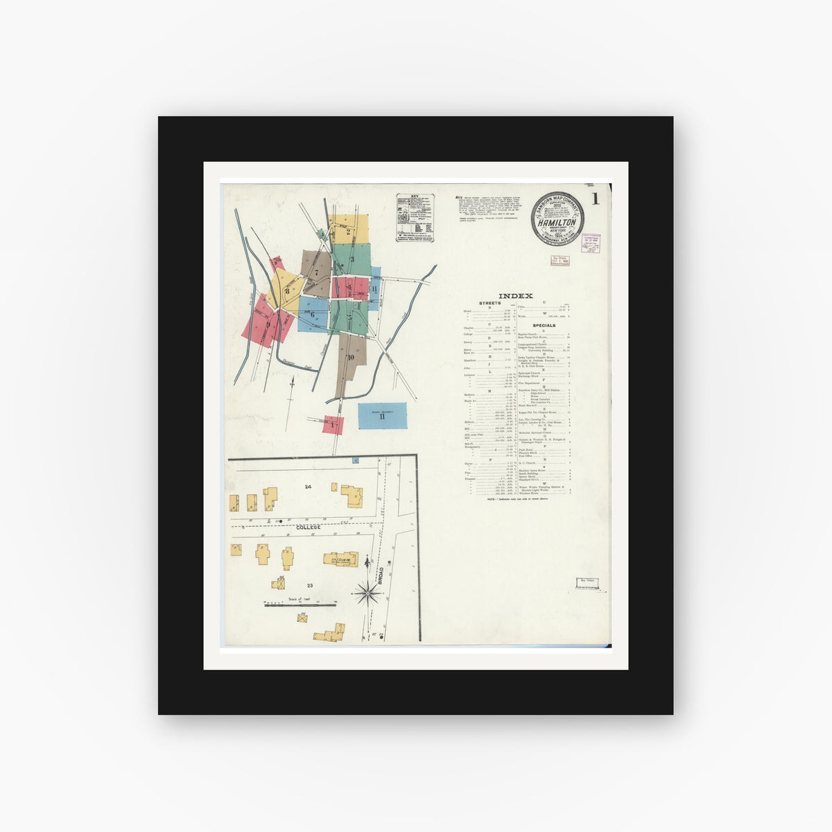 Old map wall art mockup — black gallery frame with white mat — Sanborn Fire Insurance Map from Hamilton, Madison County, New York (1906), Sheet #0001