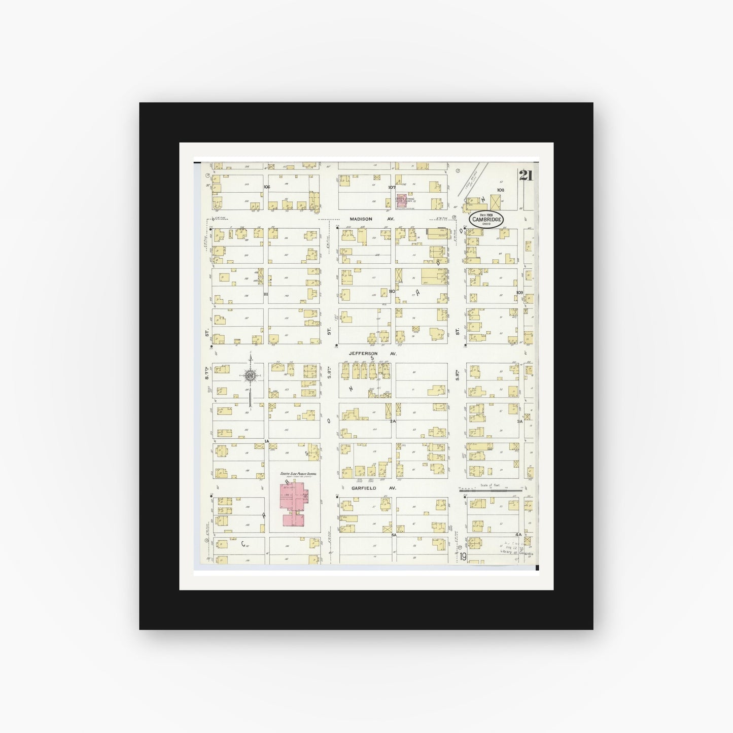 Old map wall art mockup — black gallery frame with white mat — Sanborn Fire Insurance Map from Cambridge, Guernsey County, Ohio (1909), Sheet #0021